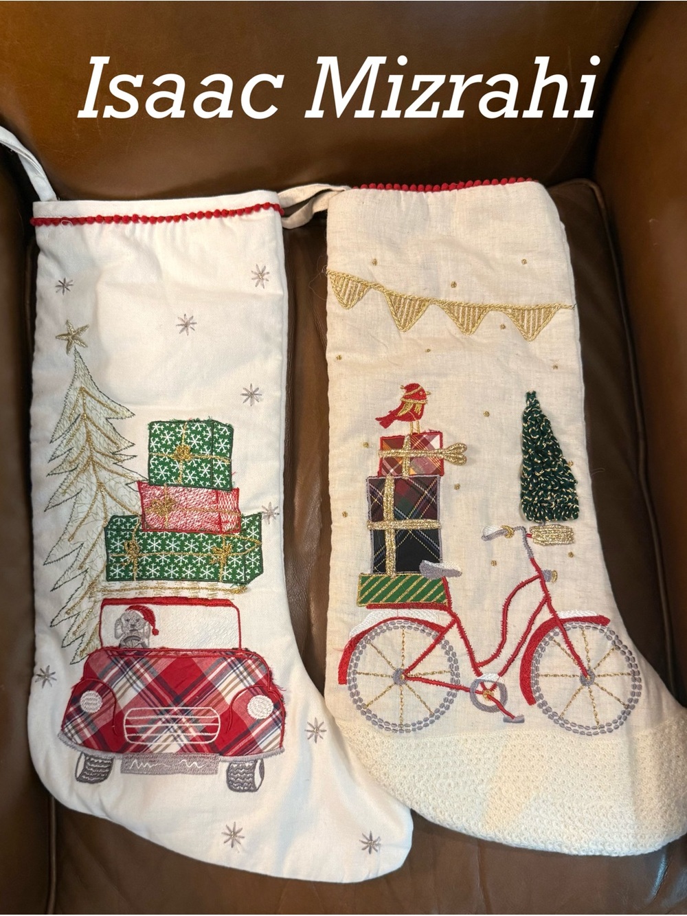 Isaac Mizrahi White Holiday Stockings with Red and Green Accents (Set of 2)